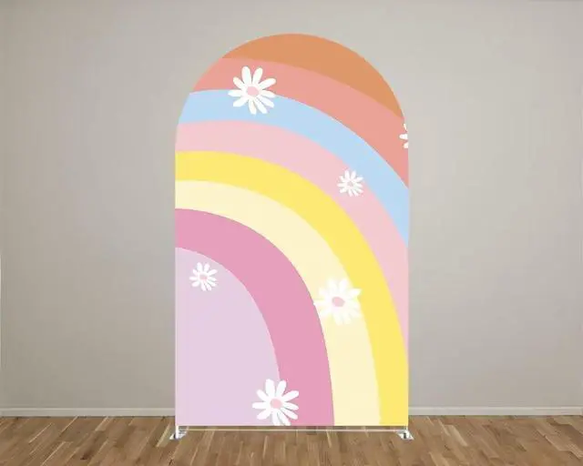 Alt view image 2 of 6 - Rainbows Arched Backdrop Covers for Groovy Party Arch Stand Covers Birthday Baby Shower Cake Tablecloth Decor Props