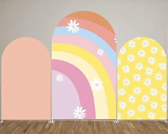 Alt view image 3 of 6 - Rainbows Arched Backdrop Covers for Groovy Party Arch Stand Covers Birthday Baby Shower Cake Tablecloth Decor Props