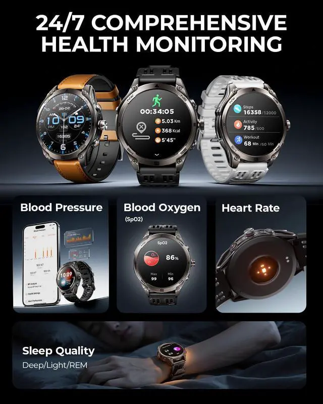 Alt view image 4 of 7 - Ace Pro Outdoor Smart Watch with GPS, 1.75'' Fitness Tracker Smartwatch IP68 Waterproof, Blood Pressure/Heart Rate/Sleep Monitor, Answer/Make Calls for iPhone Android, Black