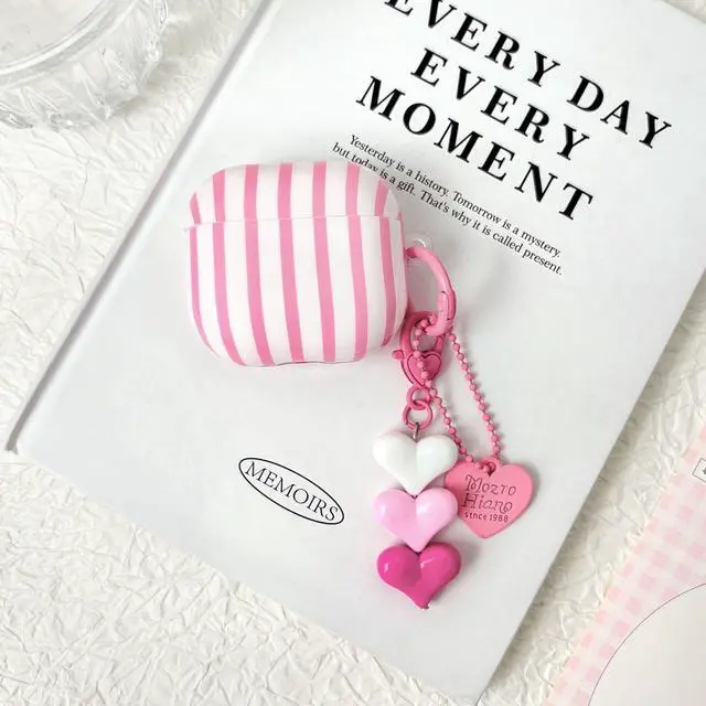 Alt view image 2 of 7 - Compatible for AirPods 4 Case Soft TPU with Cleaner Kit Cute Striped Aesthetic Design Shockproof Cover with Love Heart Keychain for Girls Woman-Pink