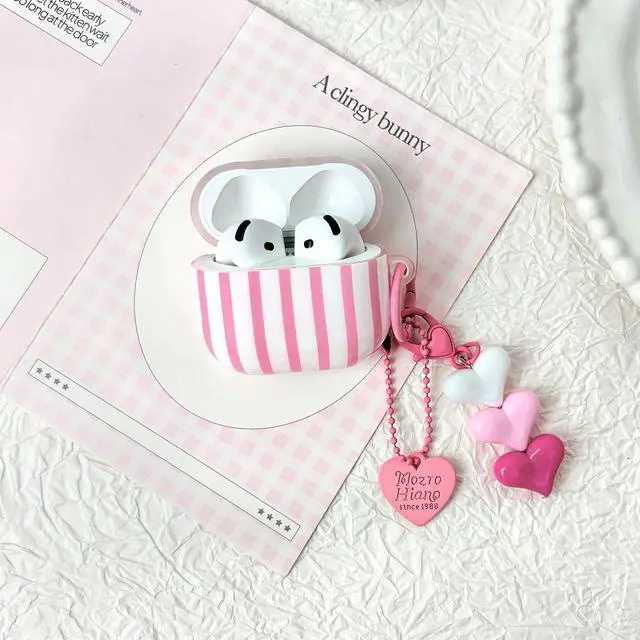 Alt view image 3 of 7 - Compatible for AirPods 4 Case Soft TPU with Cleaner Kit Cute Striped Aesthetic Design Shockproof Cover with Love Heart Keychain for Girls Woman-Pink