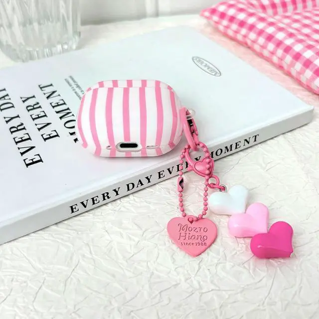 Alt view image 5 of 7 - Compatible for AirPods 4 Case Soft TPU with Cleaner Kit Cute Striped Aesthetic Design Shockproof Cover with Love Heart Keychain for Girls Woman-Pink
