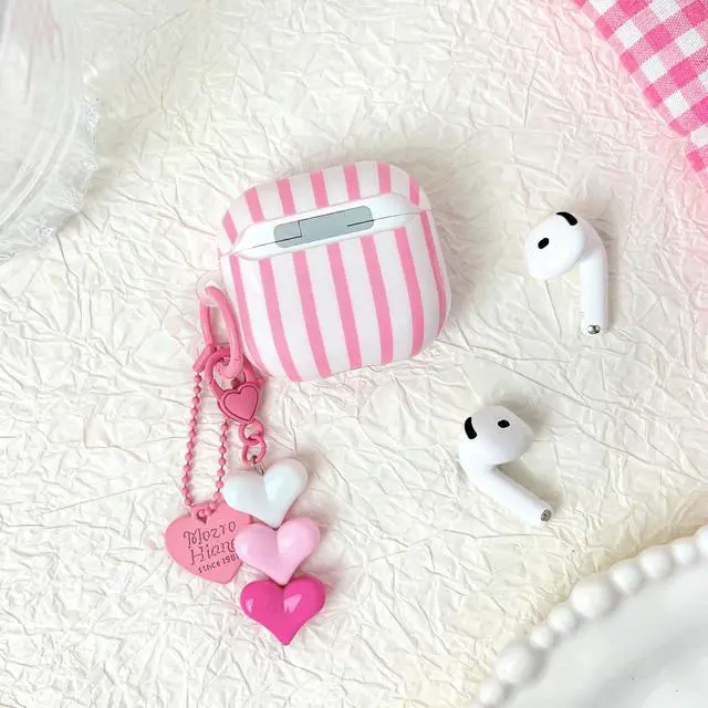 Alt view image 4 of 7 - Compatible for AirPods 4 Case Soft TPU with Cleaner Kit Cute Striped Aesthetic Design Shockproof Cover with Love Heart Keychain for Girls Woman-Pink