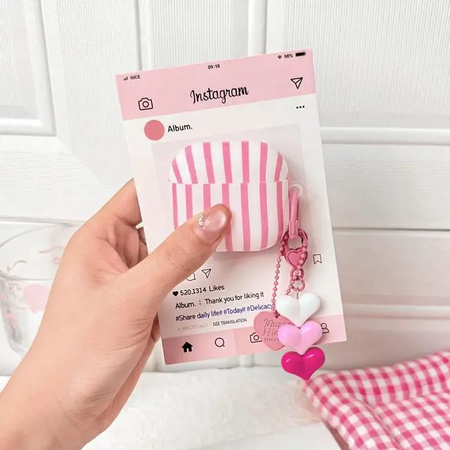 Alt view image 6 of 7 - Compatible for AirPods 4 Case Soft TPU with Cleaner Kit Cute Striped Aesthetic Design Shockproof Cover with Love Heart Keychain for Girls Woman-Pink