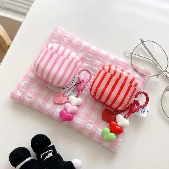Alt view image 7 of 7 - Compatible for AirPods 4 Case Soft TPU with Cleaner Kit Cute Striped Aesthetic Design Shockproof Cover with Love Heart Keychain for Girls Woman-Pink