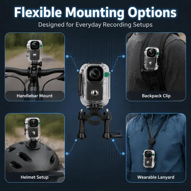 Alt view image 3 of 7 - 4K Mini Action Camera 64GB, 33ft Waterproof WiFi Thumb POV Cam | Magnetic wearable body cam, 150° wide angle, 4K/30fps, 4hr battery, app live preview, hands-free for motorcycle cycling vlog