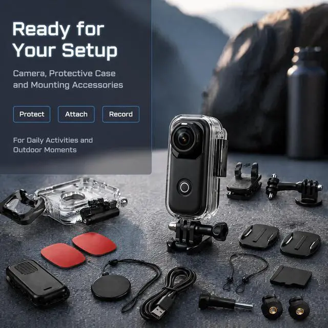 Alt view image 4 of 7 - 4K Mini Action Camera 64GB, 33ft Waterproof WiFi Thumb POV Cam | Magnetic wearable body cam, 150° wide angle, 4K/30fps, 4hr battery, app live preview, hands-free for motorcycle cycling vlog