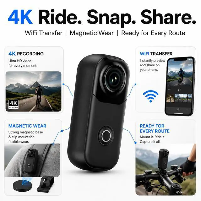 Alt view image 2 of 7 - 4K Mini Action Camera 64GB, 33ft Waterproof WiFi Thumb POV Cam | Magnetic wearable body cam, 150° wide angle, 4K/30fps, 4hr battery, app live preview, hands-free for motorcycle cycling vlog