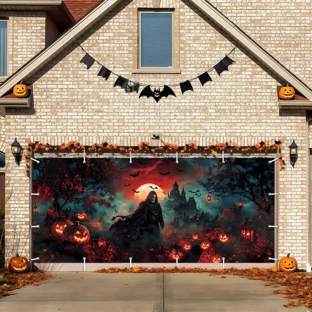 Alt view image 2 of 6 - 7x16ft Halloween Garage Door Banner Skull Backdrop Outdoor,Spooky | Gloomy Mural for Party Yard Window, Hanging Wall Cover, Haunted House Theme Holiday Decor, Easy Installation Backdrop