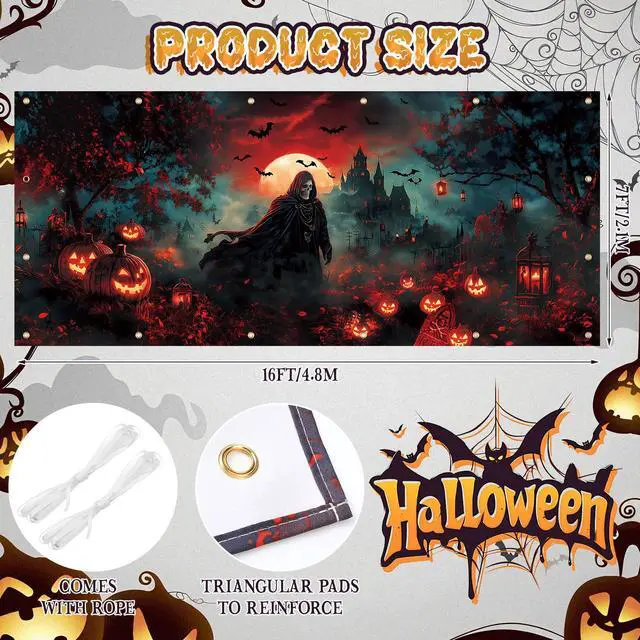 Alt view image 3 of 6 - 7x16ft Halloween Garage Door Banner Skull Backdrop Outdoor,Spooky | Gloomy Mural for Party Yard Window, Hanging Wall Cover, Haunted House Theme Holiday Decor, Easy Installation Backdrop