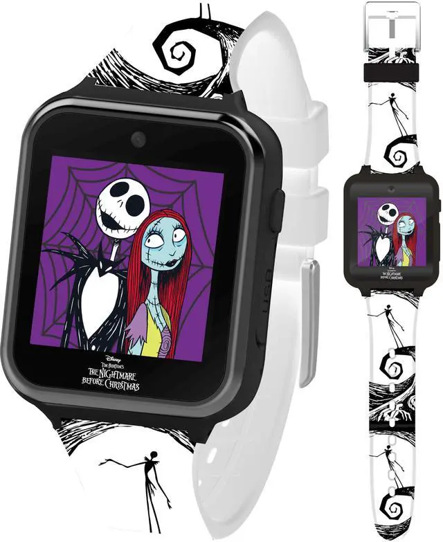 Main image of Disney Nightmare Before Christmas Kids Smartwatch Interactive Jack & Sally Design, 10 Clock Faces, Step Counter, Selfie Camera, Games, Calculator, Alarm & Timer Fits Wrists 5.5"-8.0"