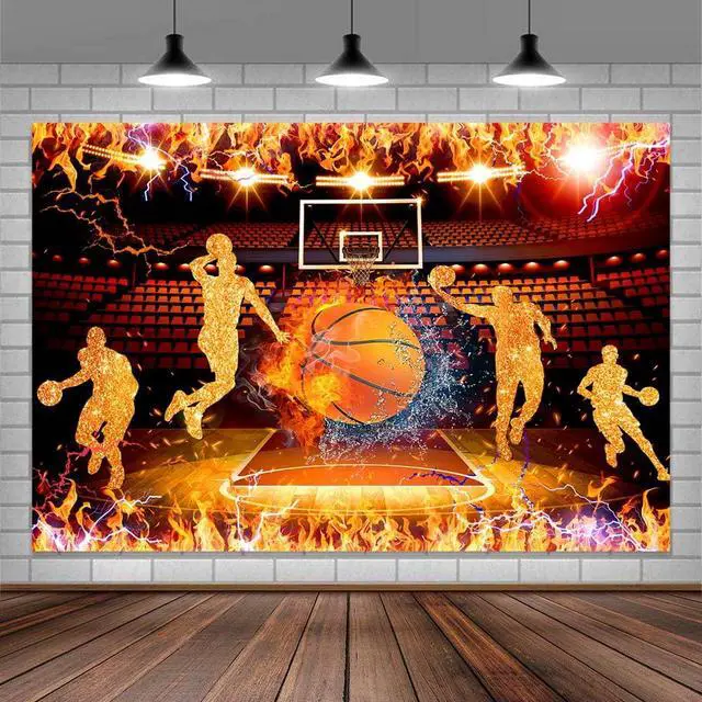 Alt view image 4 of 5 - 10X8ft Basketball Backdrop Banner Boy Basketball Sport Theme Party Stadiums Match Spotlight Ice and Fire Background Fans Club Home Indoor Banner Sports Theme Photography Background