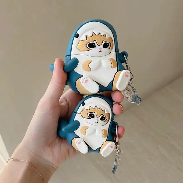 Alt view image 5 of 5 - Soft Silicone Case Compatible with Apple AirPods 1 2 3 Pro 3D Cartoon Keychain Blue Shark Ginger Cat Kitty Kitten Animal Cute Lovely Adorable Kids Girls (for AirPods Pro 3 2025)