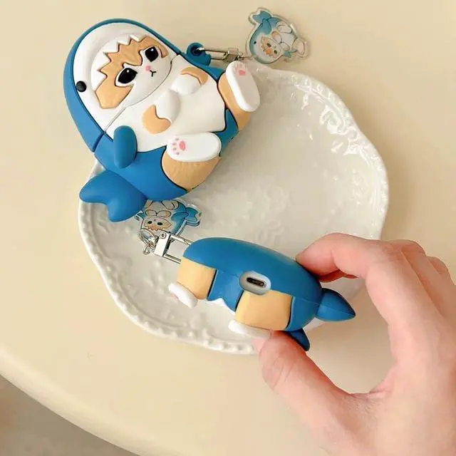 Alt view image 4 of 5 - Soft Silicone Case Compatible with Apple AirPods 1 2 3 Pro 3D Cartoon Keychain Blue Shark Ginger Cat Kitty Kitten Animal Cute Lovely Adorable Kids Girls (for AirPods Pro 3 2025)