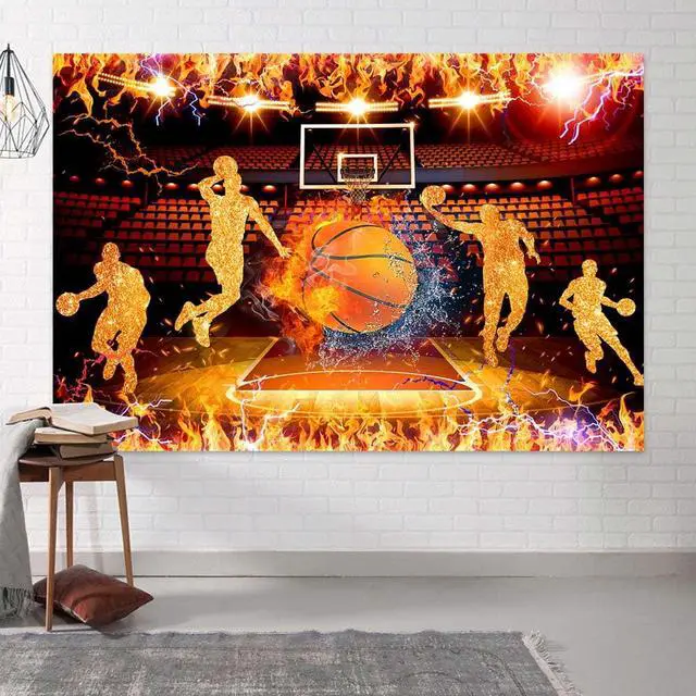 Alt view image 3 of 5 - 10X8ft Basketball Backdrop Banner Boy Basketball Sport Theme Party Stadiums Match Spotlight Ice and Fire Background Fans Club Home Indoor Banner Sports Theme Photography Background