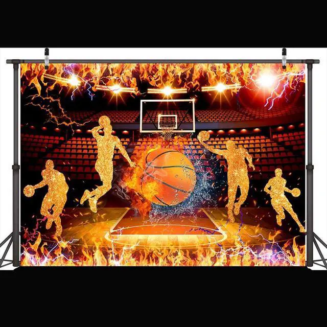 Alt view image 2 of 5 - 10X8ft Basketball Backdrop Banner Boy Basketball Sport Theme Party Stadiums Match Spotlight Ice and Fire Background Fans Club Home Indoor Banner Sports Theme Photography Background