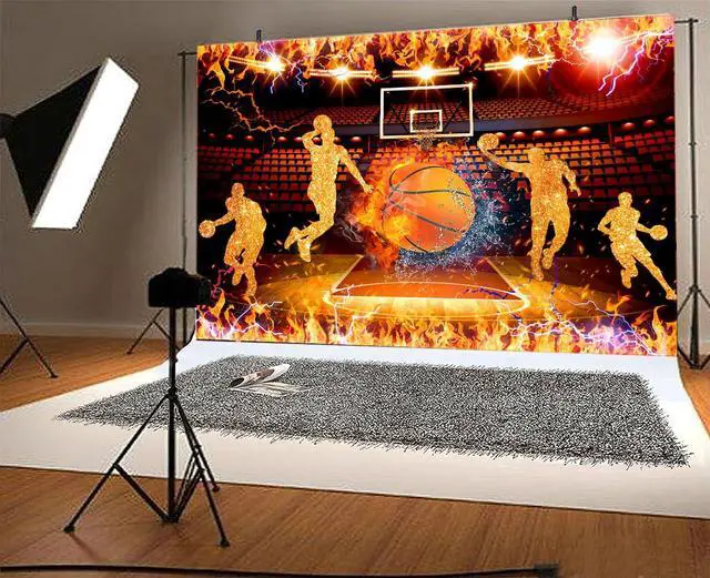 Alt view image 5 of 5 - 10X8ft Basketball Backdrop Banner Boy Basketball Sport Theme Party Stadiums Match Spotlight Ice and Fire Background Fans Club Home Indoor Banner Sports Theme Photography Background