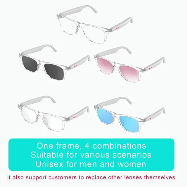 Alt view image 2 of 6 - TWS Smart Bluetooth Audio Glasses - Glesses Lens Kits (Blue Light Blocking & Sunglasses & Pink & Blue) for Office Outdoor Sports Drive - Smart Glasses for Men & Women - White Frame