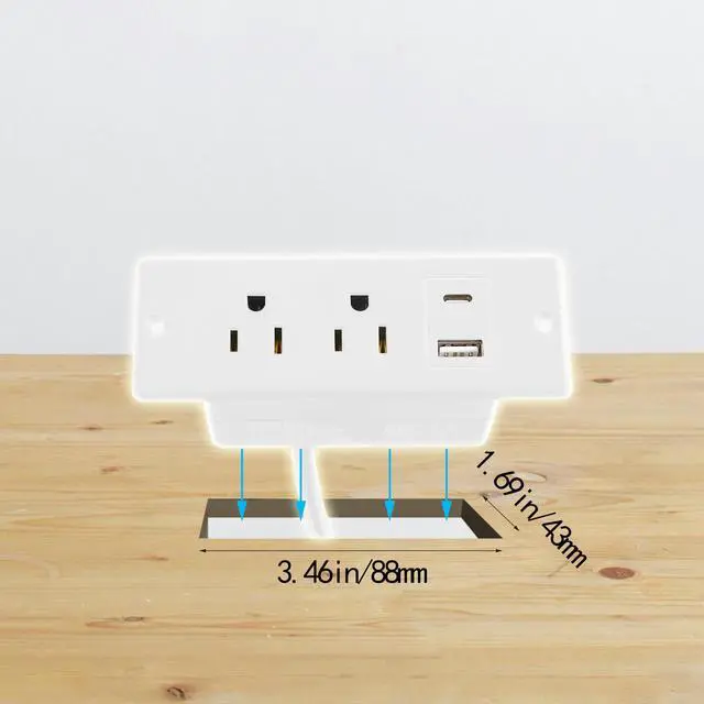 Alt view image 6 of 6 - Recessed Power Strip with USB-C and USB-A, 2/3 AC Outlets, in-Desk Flush Mount Power Strip, 125V 12A 1500W, for Desk Countertop Kitchen Island