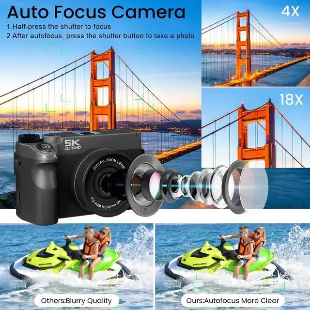 Alt view image 3 of 6 - 5K UHD 75MP Digital Camera for Photography - 18X Zoom, Autofocus, 32GB, Anti-Shake WiFi Vlogging Camera with Fill Light, 180 Flip Screen Compact Vlog Travel Camara for YouTube, Two Batteries