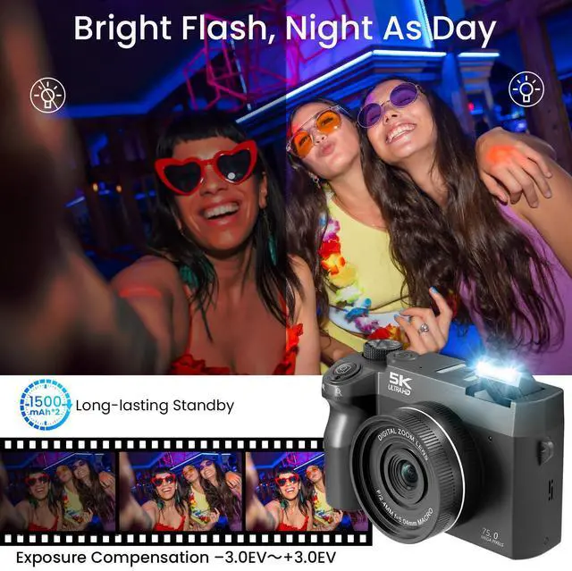 Alt view image 6 of 6 - 5K UHD 75MP Digital Camera for Photography - 18X Zoom, Autofocus, 32GB, Anti-Shake WiFi Vlogging Camera with Fill Light, 180 Flip Screen Compact Vlog Travel Camara for YouTube, Two Batteries