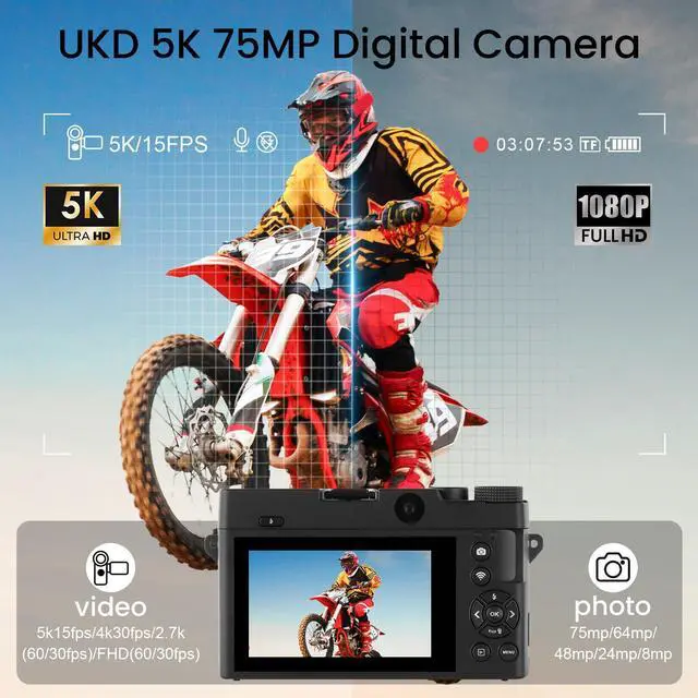 Alt view image 2 of 6 - 5K UHD 75MP Digital Camera for Photography - 18X Zoom, Autofocus, 32GB, Anti-Shake WiFi Vlogging Camera with Fill Light, 180 Flip Screen Compact Vlog Travel Camara for YouTube, Two Batteries