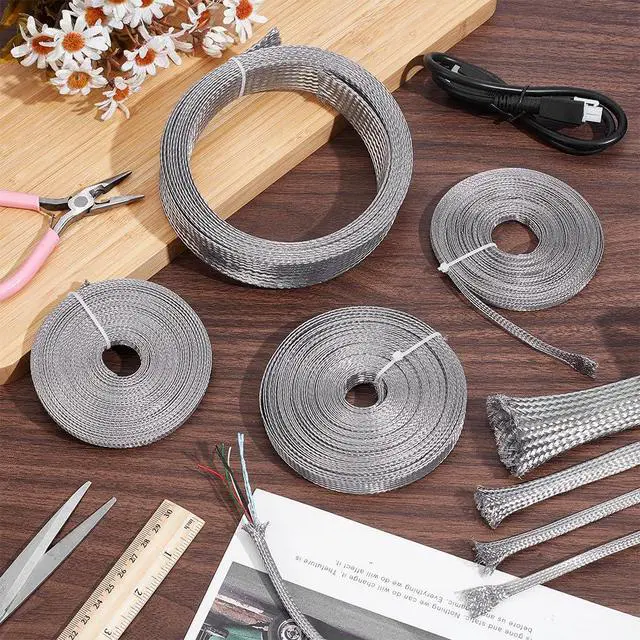 Alt view image 4 of 5 - 32.8ft Stainless Steel Braided Sleeving Braid, Wire Shielding Cable Sleeve Ground Strap 0.27inch Wide Scalable Network Ribbon for Cable Protection