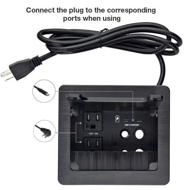 Alt view image 2 of 7 - Conference Table Power HubTabletop Brush Cable Cubby Connectivity Box with 2 AC Power + 2 USB-C Charger(33W) + 4 Cable Holes with 5.58ft Power Cord for Conference Office (C+C)