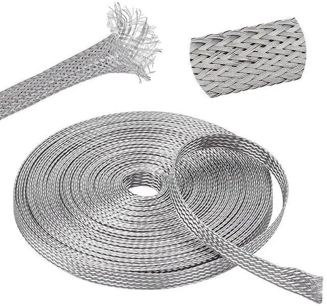 Main image of 32.8ft Stainless Steel Braided Sleeving Braid, Wire Shielding Cable Sleeve Ground Strap 0.27inch Wide Scalable Network Ribbon for Cable Protection