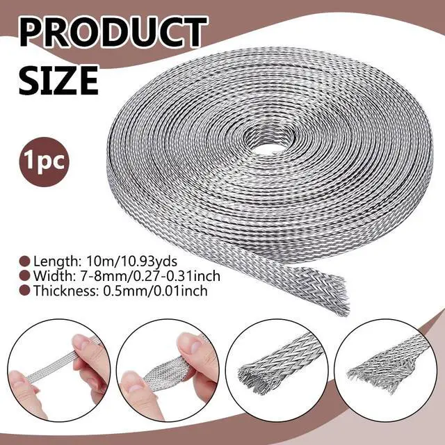 Alt view image 2 of 5 - 32.8ft Stainless Steel Braided Sleeving Braid, Wire Shielding Cable Sleeve Ground Strap 0.27inch Wide Scalable Network Ribbon for Cable Protection