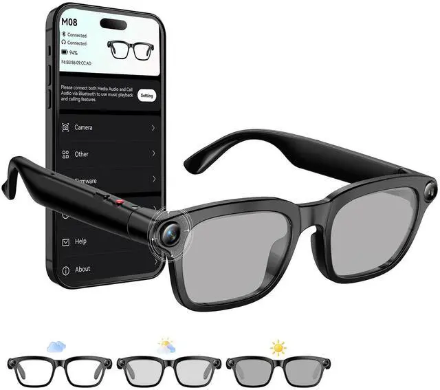 Main image of 8MP Smart Glasses with Camera, Photochromic AI Glasses for Vlogging | Photochromic lenses, 30+ language translation, voice control, Hi-Fi audio, spring temples, USB-C charging