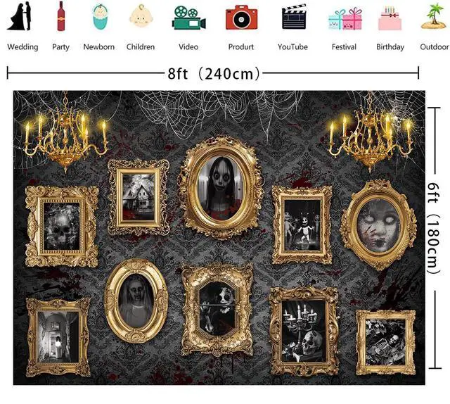 Alt view image 6 of 7 - Halloween Haunted Mansion Backdrop Banner 8x6FT Gothic Creepy Portrait Gallery Background for Halloween Party Photo Booth Haunted House Decorations