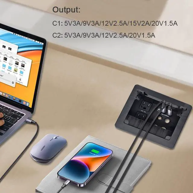 Alt view image 7 of 7 - Conference Table Power HubTabletop Brush Cable Cubby Connectivity Box with 2 AC Power + 2 USB-C Charger(33W) + 4 Cable Holes with 5.58ft Power Cord for Conference Office (C+C)