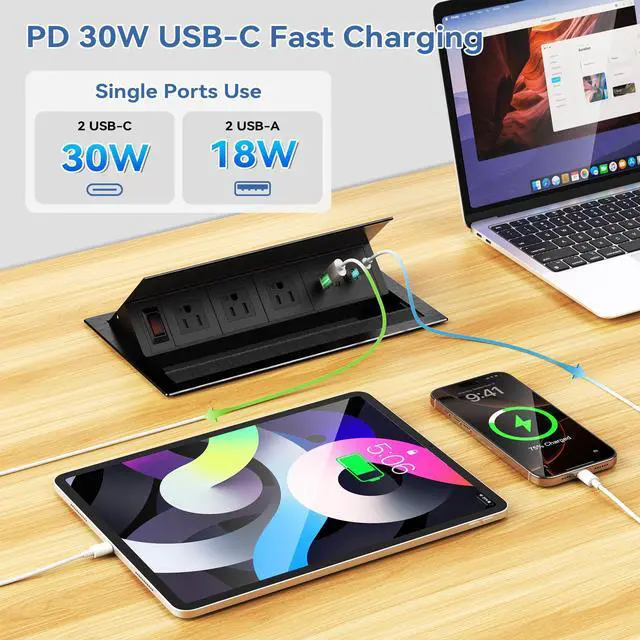 Alt view image 2 of 7 - Recessed Conference Table Power Hub with 4 USB Ports,3AC TR Outlets, PD 30W USB-C PD Fast Charging, Metal Housing Flush Mounted for Desks, Kitchens, RVs, 6FT Power Cord