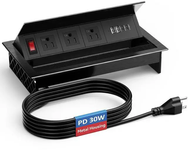 Main image of Recessed Conference Table Power Hub with 4 USB Ports,3AC TR Outlets, PD 30W USB-C PD Fast Charging, Metal Housing Flush Mounted for Desks, Kitchens, RVs, 6FT Power Cord