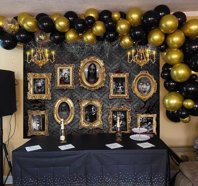 Alt view image 5 of 7 - Halloween Haunted Mansion Backdrop Banner 8x6FT Gothic Creepy Portrait Gallery Background for Halloween Party Photo Booth Haunted House Decorations