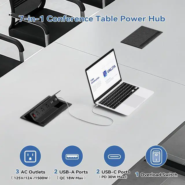 Alt view image 7 of 7 - Recessed Conference Table Power Hub with 4 USB Ports,3AC TR Outlets, PD 30W USB-C PD Fast Charging, Metal Housing Flush Mounted for Desks, Kitchens, RVs, 6FT Power Cord