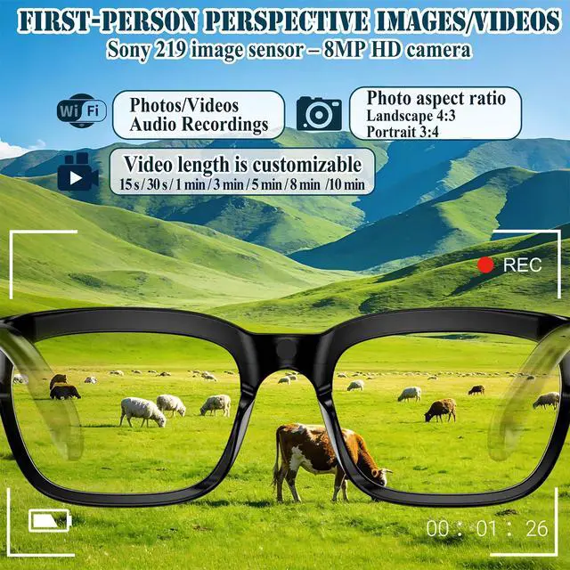 Alt view image 2 of 7 - 8MP Smart Glasses with Camera, Photochromic AI Glasses for Vlogging | Photochromic lenses, 30+ language translation, voice control, Hi-Fi audio, spring temples, USB-C charging