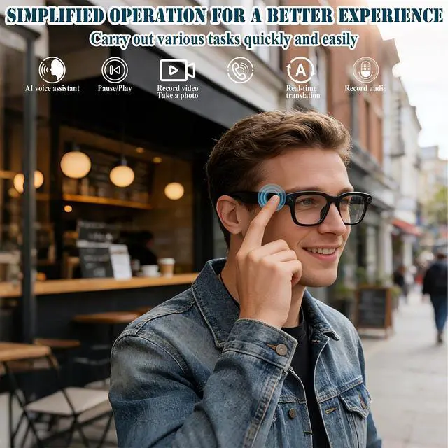 Alt view image 4 of 7 - 8MP Smart Glasses with Camera, Photochromic AI Glasses for Vlogging | Photochromic lenses, 30+ language translation, voice control, Hi-Fi audio, spring temples, USB-C charging