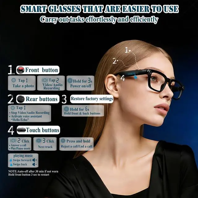 Alt view image 7 of 7 - 8MP Smart Glasses with Camera, Photochromic AI Glasses for Vlogging | Photochromic lenses, 30+ language translation, voice control, Hi-Fi audio, spring temples, USB-C charging