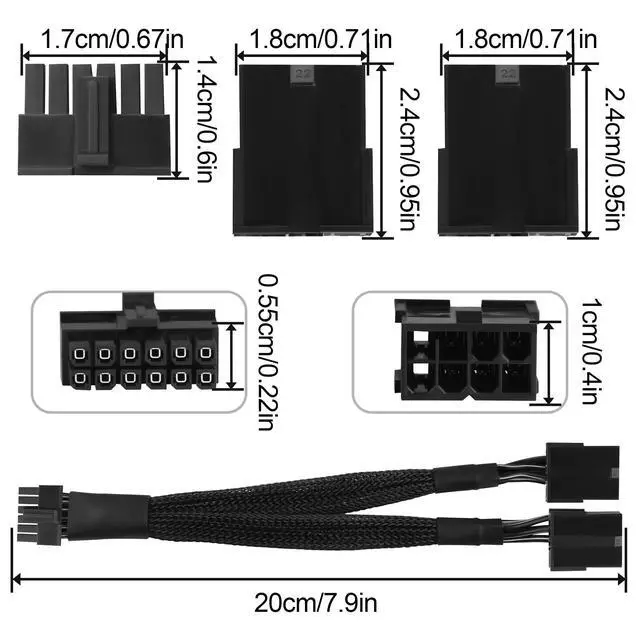 Alt view image 5 of 7 - SQC118 12VHPWR PCIe 5.0 12-Pin to Dual 8-Pin (6+2) PCIe Adapter Cable for RTX 4090/4080/4070 Ti, PCI Express 5.0 GPU Power Adapter, 20cm Braided Cable