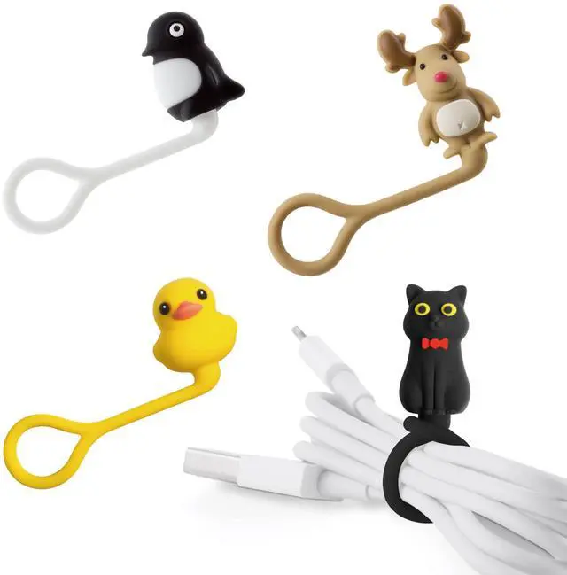 Main image of Style Q Cord Ties (4 Packs), Cute Cartoon Animal Wire Management & Cord Organizer, Reusable & Washable Silicone Cable Strap (Patti Duck - Miao Cat - Mr. Deer - Maru Penguin)