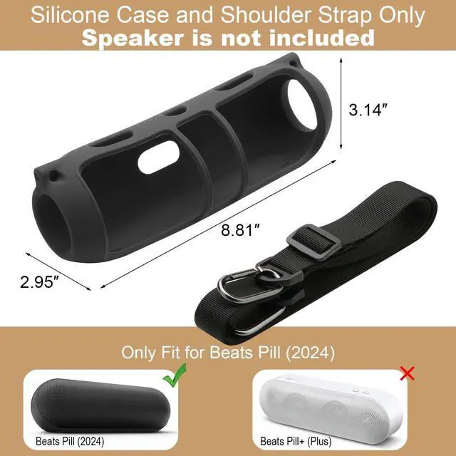 Alt view image 2 of 6 - Silicone Cover Case for Beats Pill (2024 Release) Speaker, Travel Silicone Case Protective Carrier Holder Speaker Cover with Shoulder Strap (Case Only) (Black)