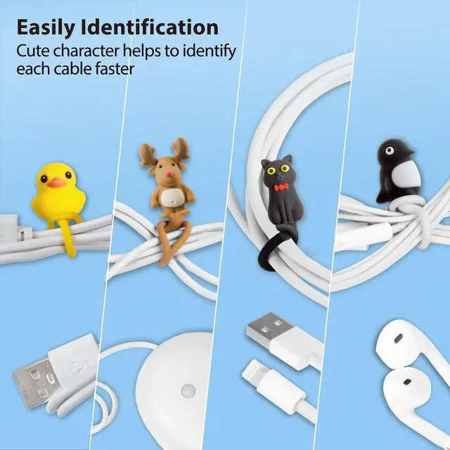 Alt view image 5 of 6 - Style Q Cord Ties (4 Packs), Cute Cartoon Animal Wire Management & Cord Organizer, Reusable & Washable Silicone Cable Strap (Patti Duck - Miao Cat - Mr. Deer - Maru Penguin)