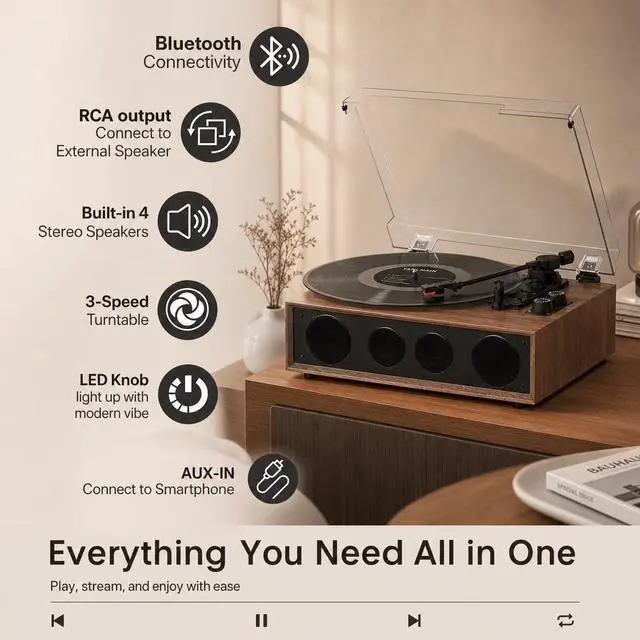 Alt view image 3 of 7 - Vinyl Record Player Bluetooth Turntable with 4 Built-in Speakers, 3-Speed Belt-Driven Wireless Record Player with Adjustable Counterweight, LED Light Knobs, RCA Out, AUX-in, Walnut