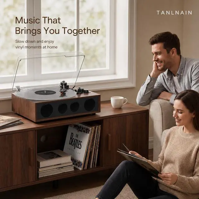 Alt view image 4 of 7 - Vinyl Record Player Bluetooth Turntable with 4 Built-in Speakers, 3-Speed Belt-Driven Wireless Record Player with Adjustable Counterweight, LED Light Knobs, RCA Out, AUX-in, Walnut