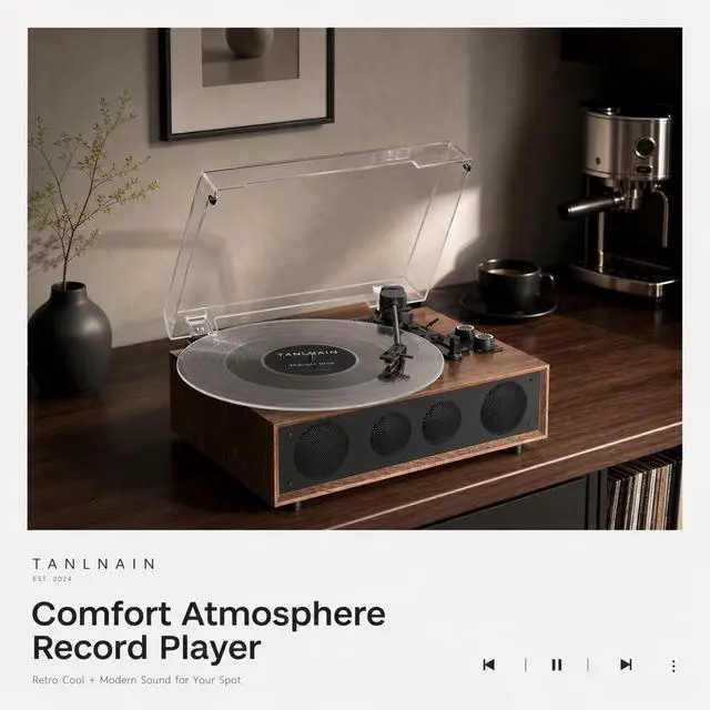Alt view image 5 of 7 - Vinyl Record Player Bluetooth Turntable with 4 Built-in Speakers, 3-Speed Belt-Driven Wireless Record Player with Adjustable Counterweight, LED Light Knobs, RCA Out, AUX-in, Walnut