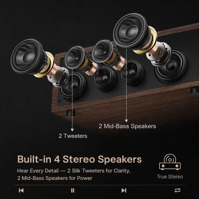Alt view image 7 of 7 - Vinyl Record Player Bluetooth Turntable with 4 Built-in Speakers, 3-Speed Belt-Driven Wireless Record Player with Adjustable Counterweight, LED Light Knobs, RCA Out, AUX-in, Walnut