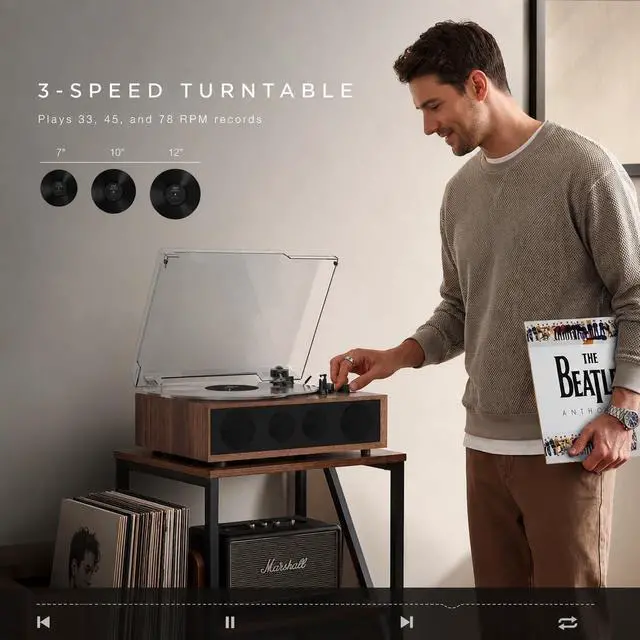 Alt view image 2 of 7 - Vinyl Record Player Bluetooth Turntable with 4 Built-in Speakers, 3-Speed Belt-Driven Wireless Record Player with Adjustable Counterweight, LED Light Knobs, RCA Out, AUX-in, Walnut