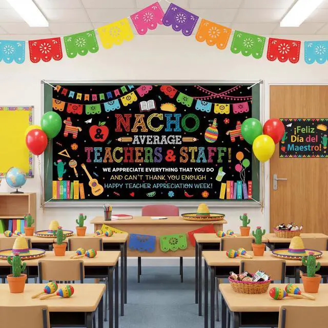 Alt view image 3 of 6 - Teacher Appreciation Decorations Backdrop Nacho Average Banner Teacher 3 x 5 ft Cinco De Mayo Teachers Decor for School Classroom Thank You Teachers Staff Appreciation Party Decorations